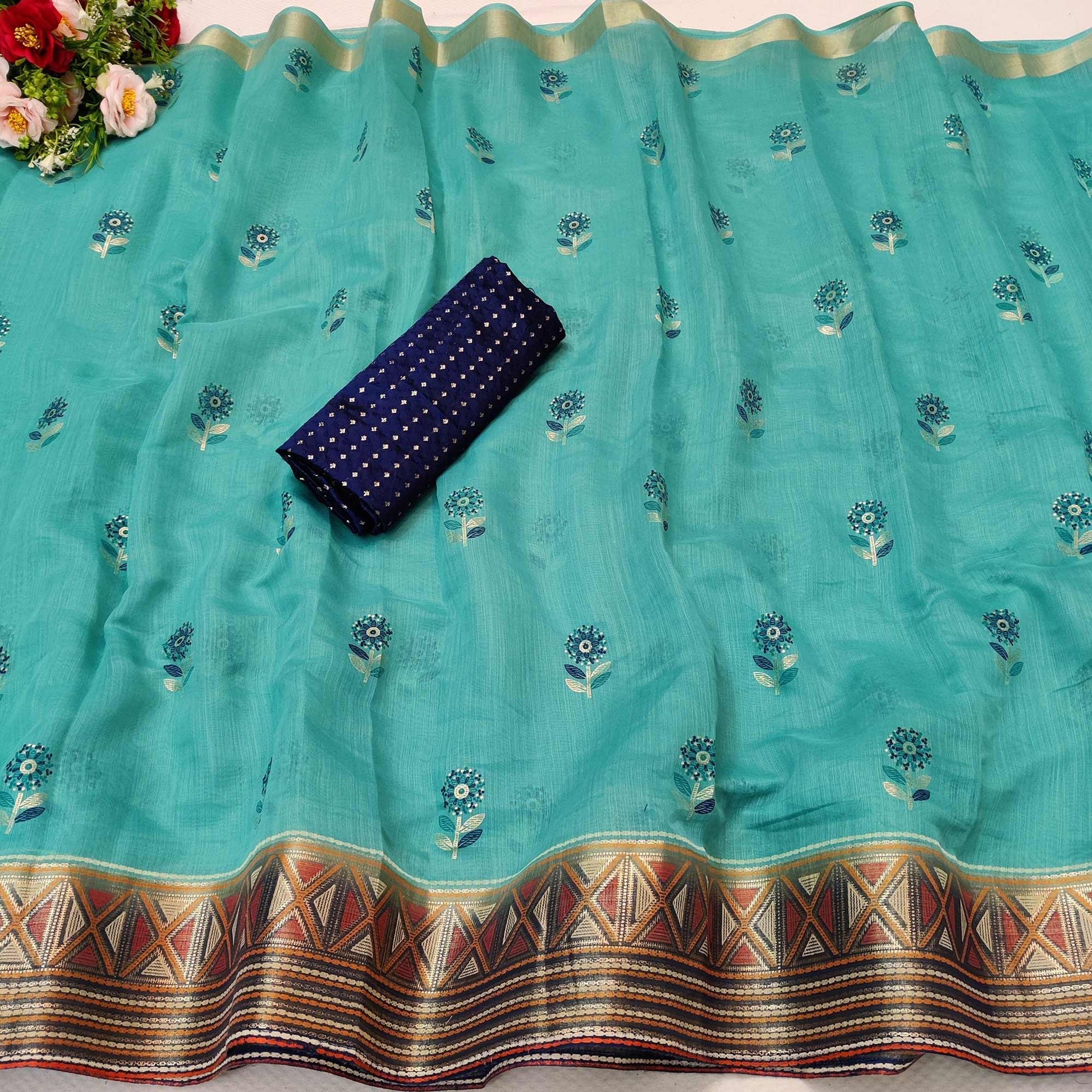 Charming Sea Green Colored Festive Wear Foil Printed Cotton Silk Saree