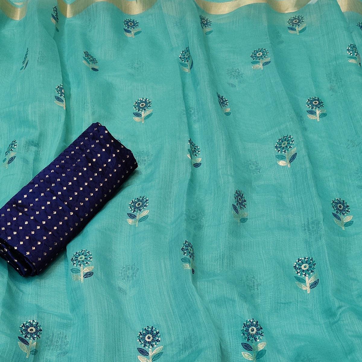 Charming Sea Green Colored Festive Wear Foil Printed Cotton Silk Saree