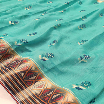 Charming Sea Green Colored Festive Wear Foil Printed Cotton Silk Saree