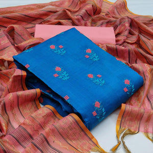 Charming Sky Blue Colored Casual Wear Embroidered Banarasi Cotton Dress Material