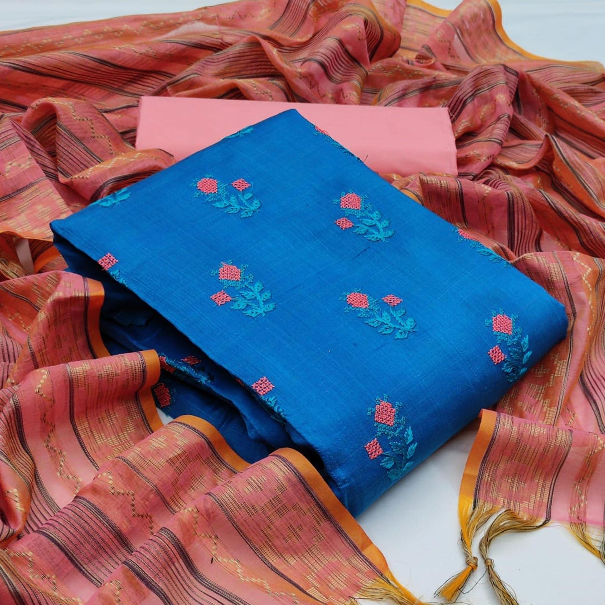 Charming Sky Blue Colored Casual Wear Embroidered Banarasi Cotton Dress Material
