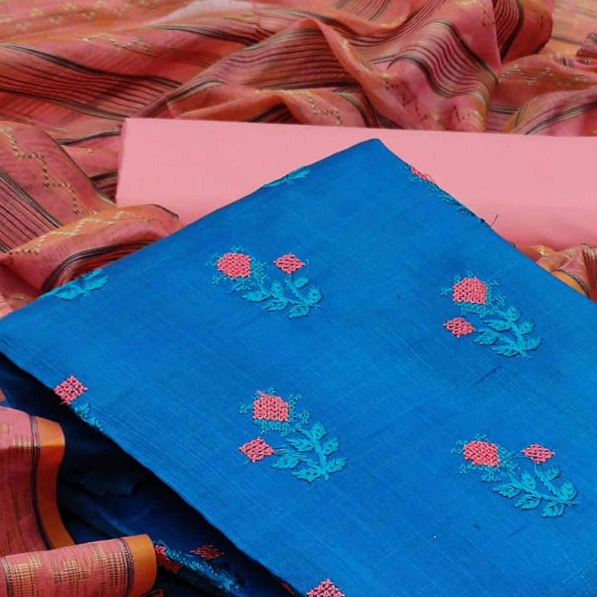 Charming Sky Blue Colored Casual Wear Embroidered Banarasi Cotton Dress Material