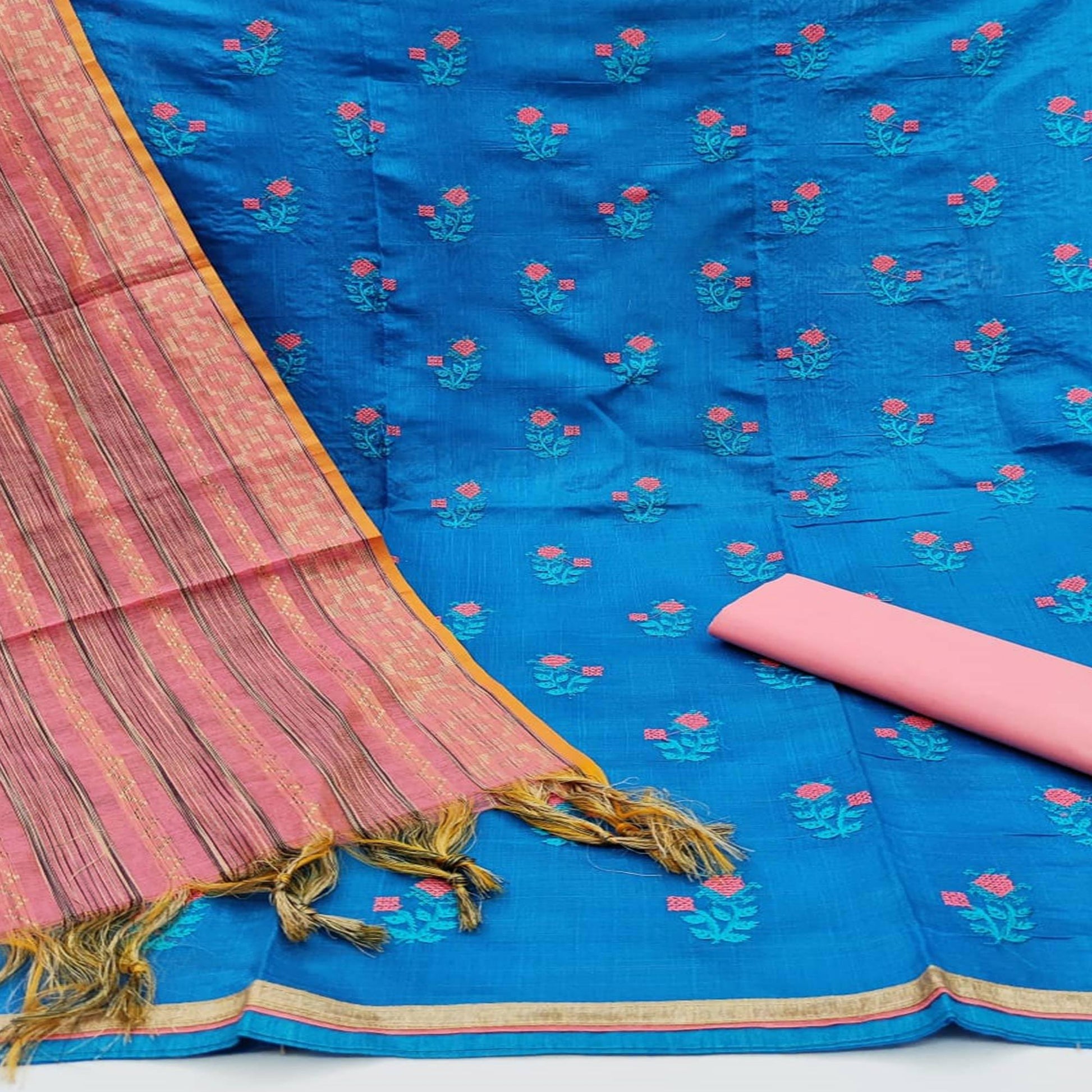 Charming Sky Blue Colored Casual Wear Embroidered Banarasi Cotton Dress Material