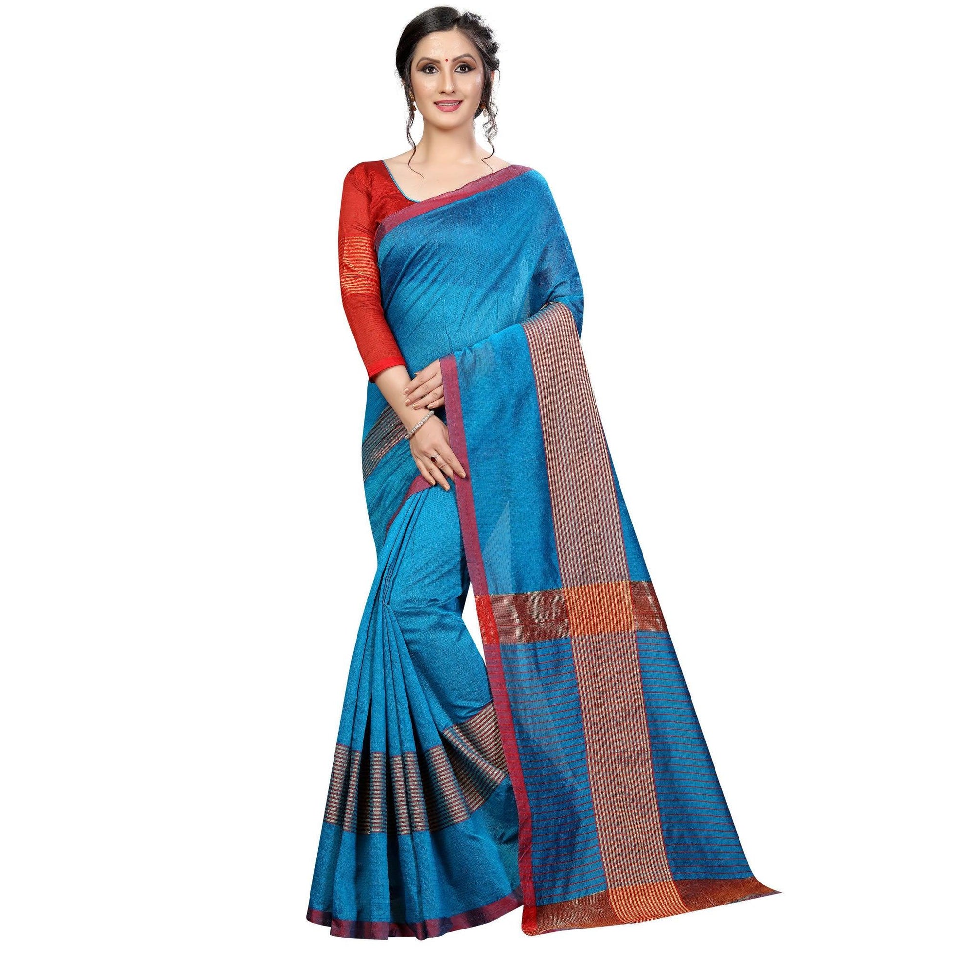 Charming Sky Blue Colored Festive Wear Cotton Saree