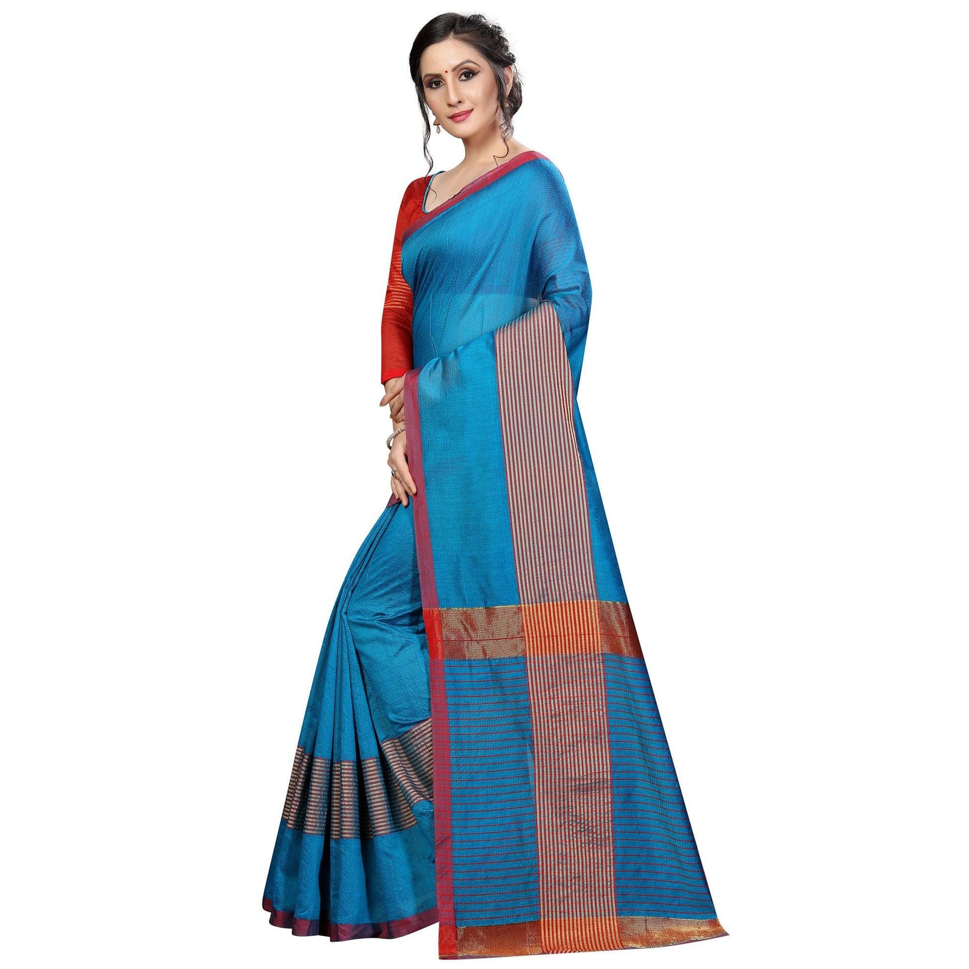 Charming Sky Blue Colored Festive Wear Cotton Saree