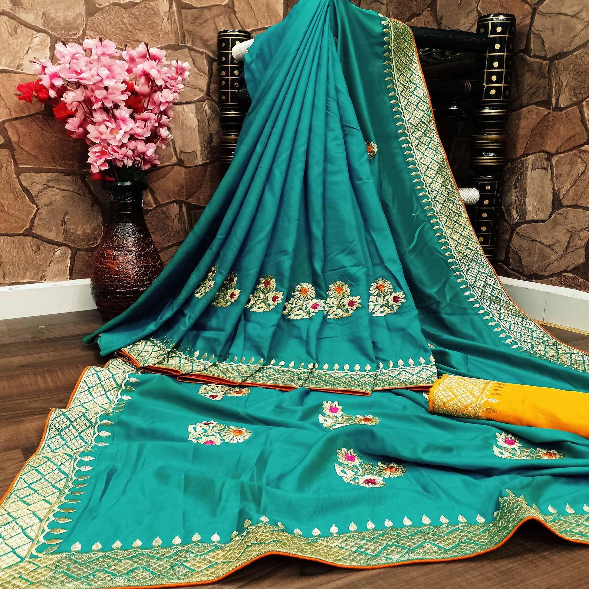 Charming Turquoise Colored Festive Wear Woven Dola Silk Saree