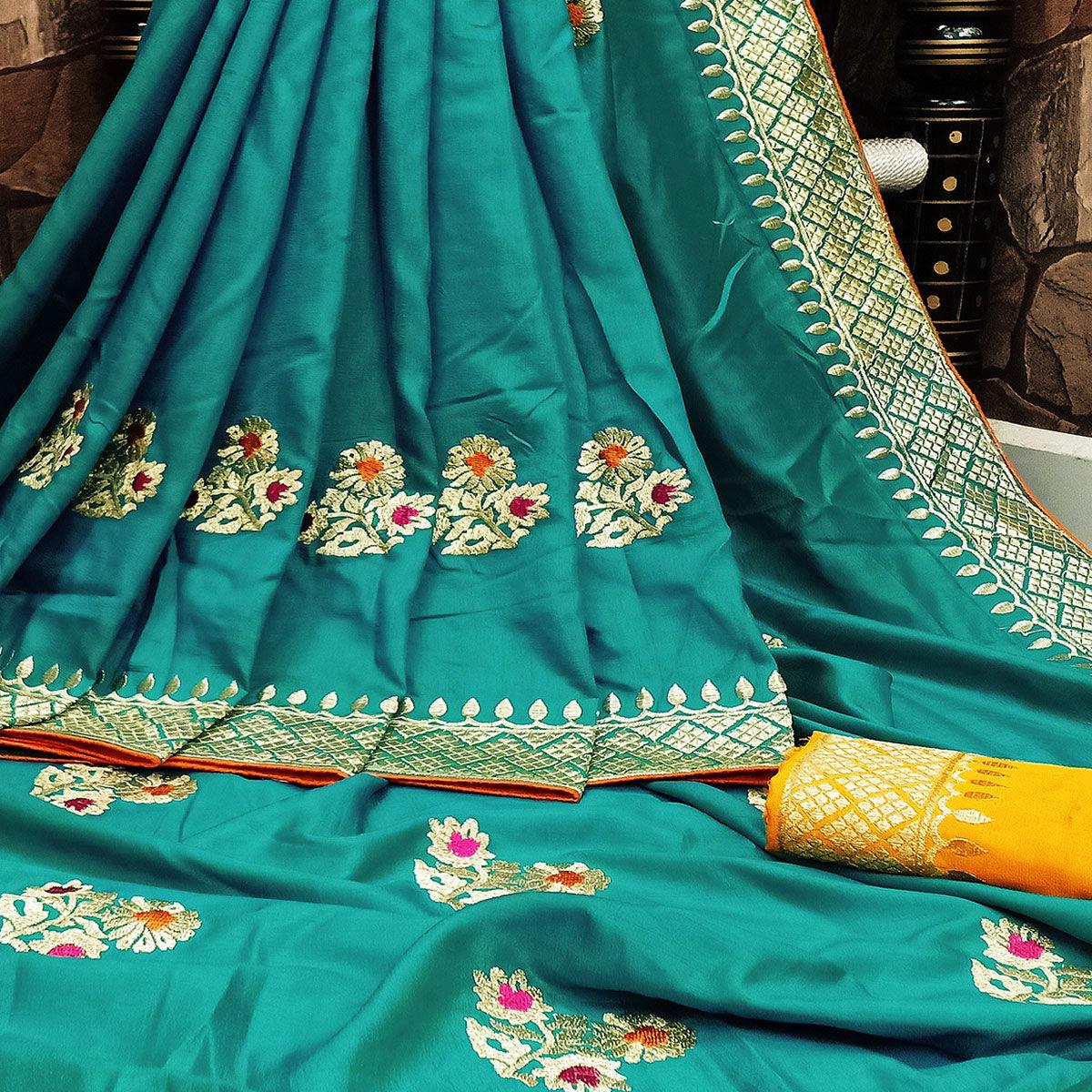 Charming Turquoise Colored Festive Wear Woven Dola Silk Saree