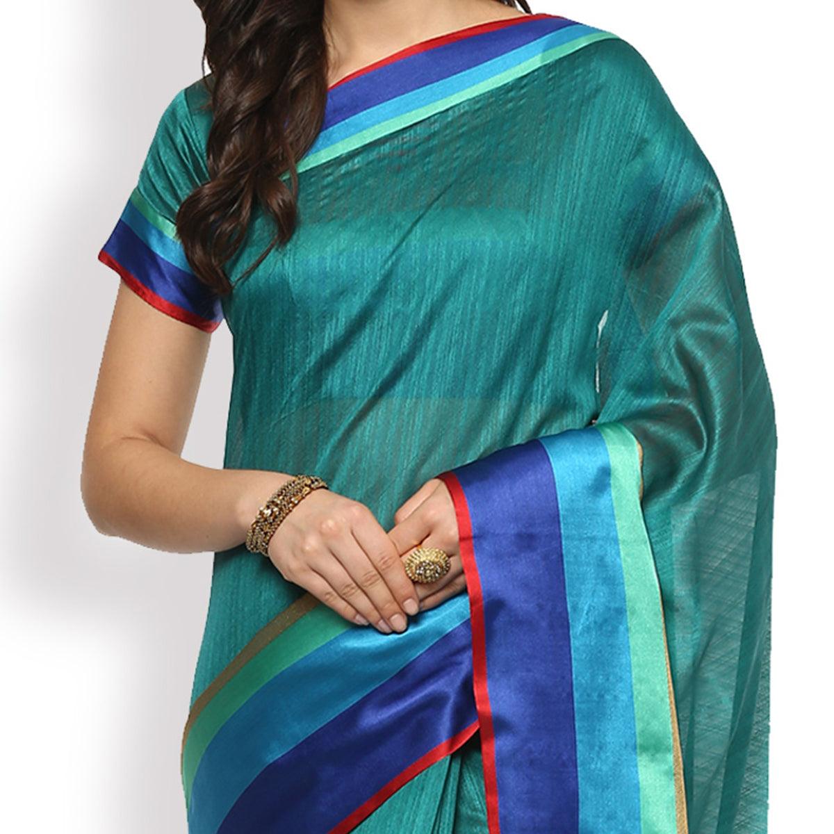 Charming Turquoise Green Colored Festive Wear Cotton Weaving Saree