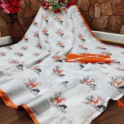 Charming White - Orange Colored Casual Wear Digital Printed Linen Saree