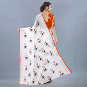 Charming White - Orange Colored Casual Wear Digital Printed Linen Saree