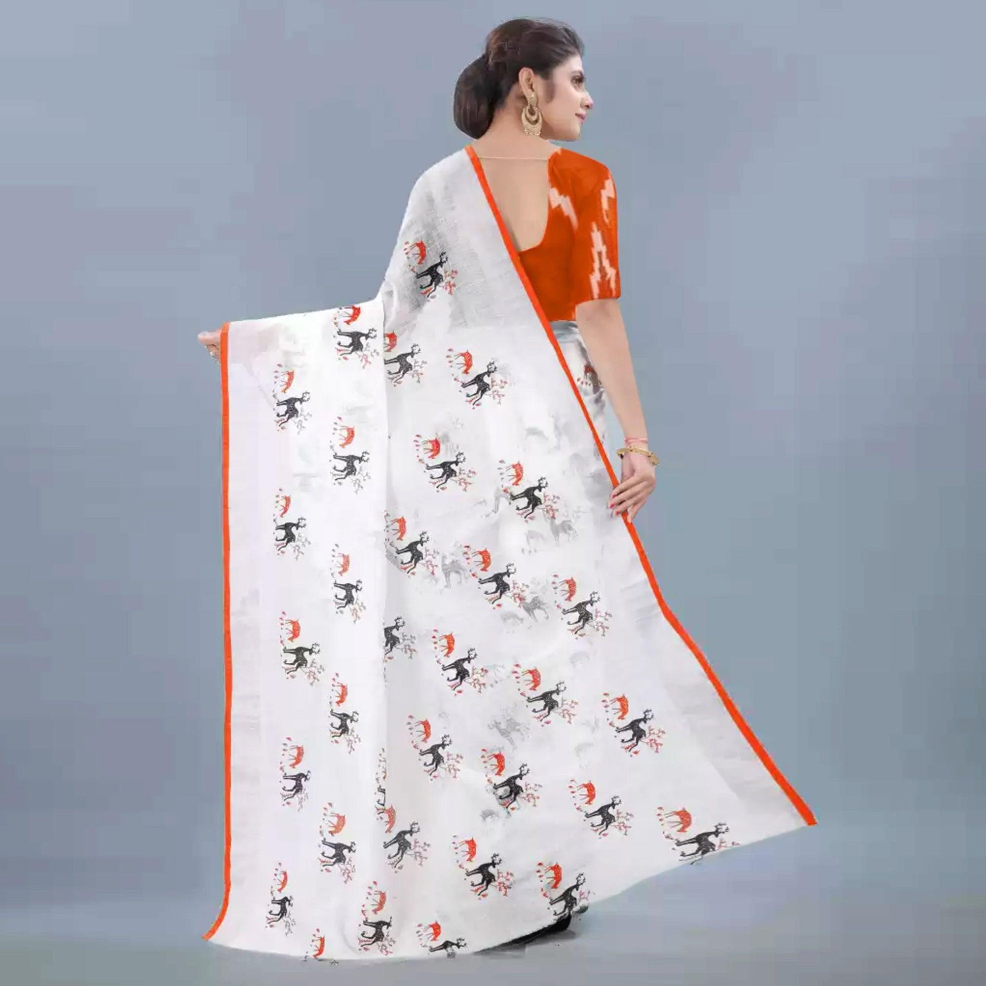Charming White - Orange Colored Casual Wear Digital Printed Linen Saree