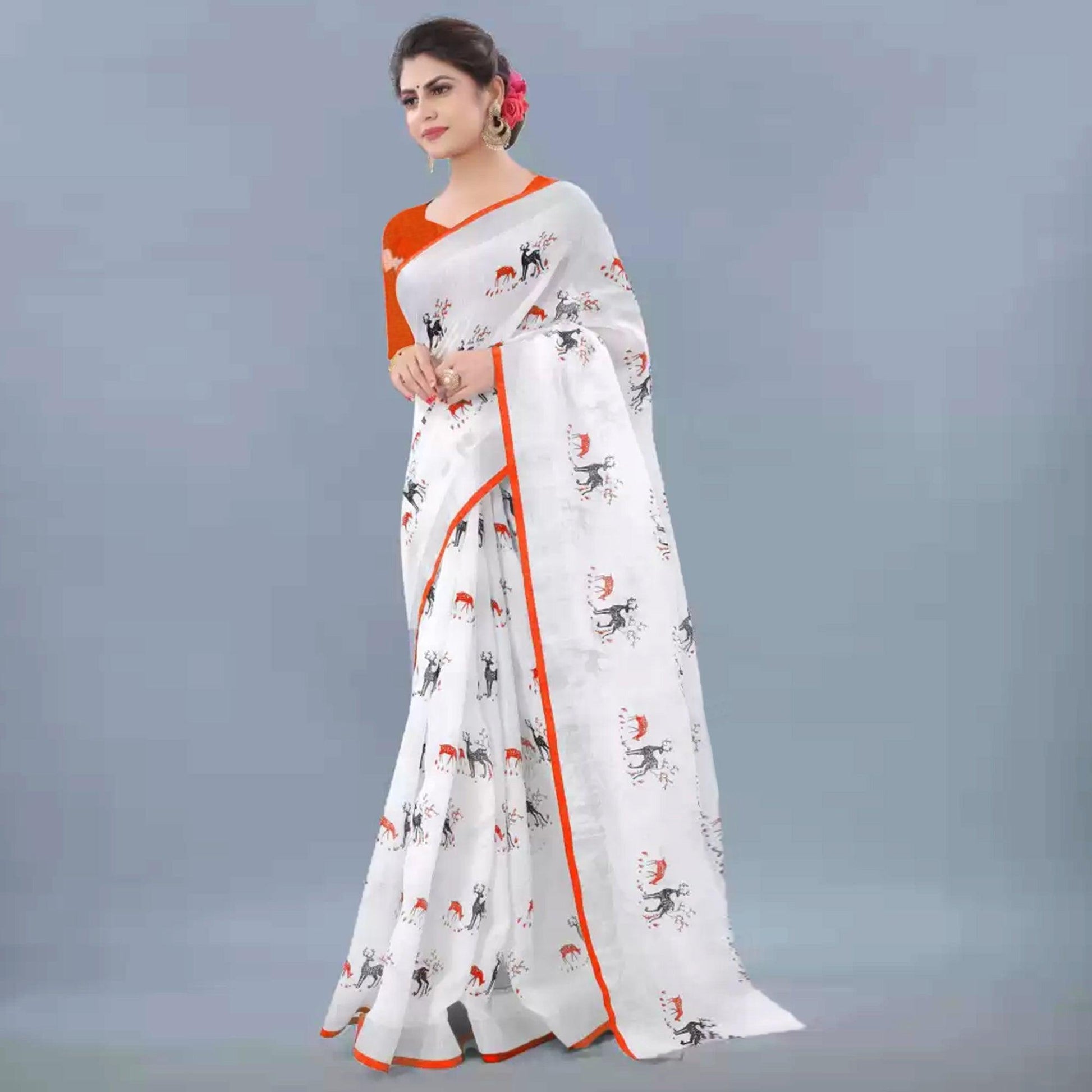 Charming White - Orange Colored Casual Wear Digital Printed Linen Saree