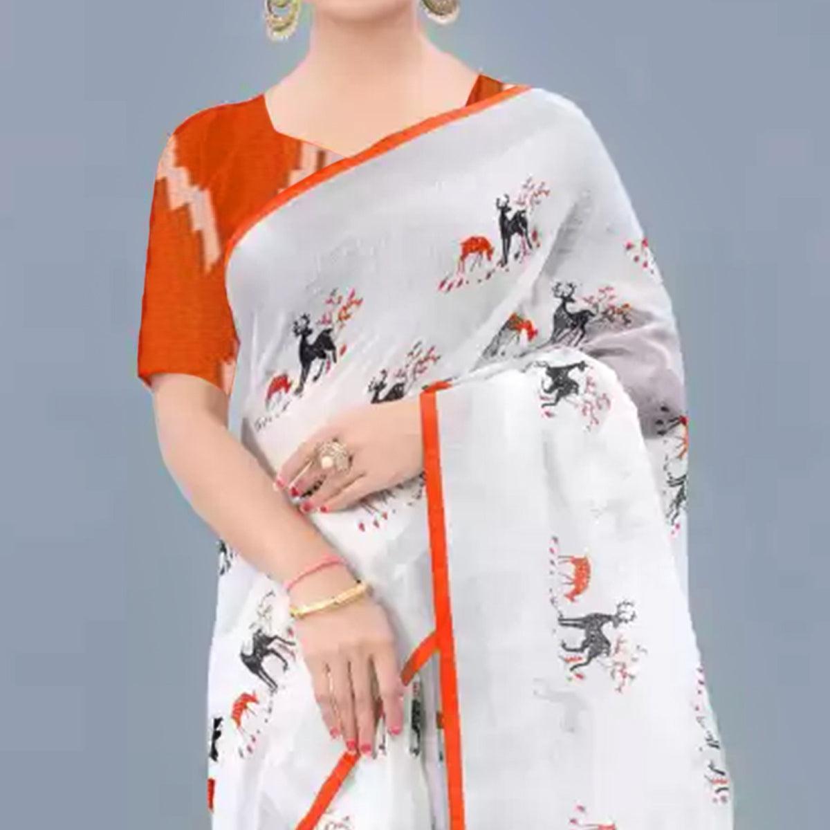 Charming White - Orange Colored Casual Wear Digital Printed Linen Saree