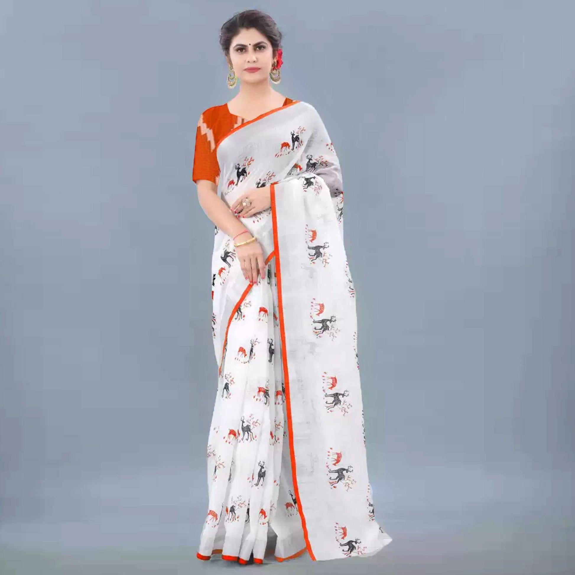 Charming White - Orange Colored Casual Wear Digital Printed Linen Saree