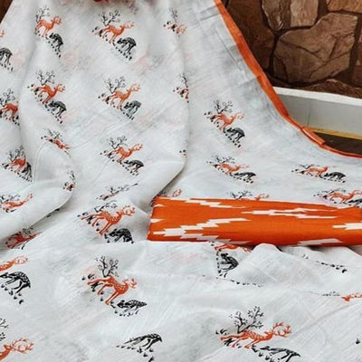 Charming White - Orange Colored Casual Wear Digital Printed Linen Saree