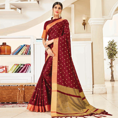 Charming Wine Colored Festive Wear Woven Handloom Silk Saree With Tassels