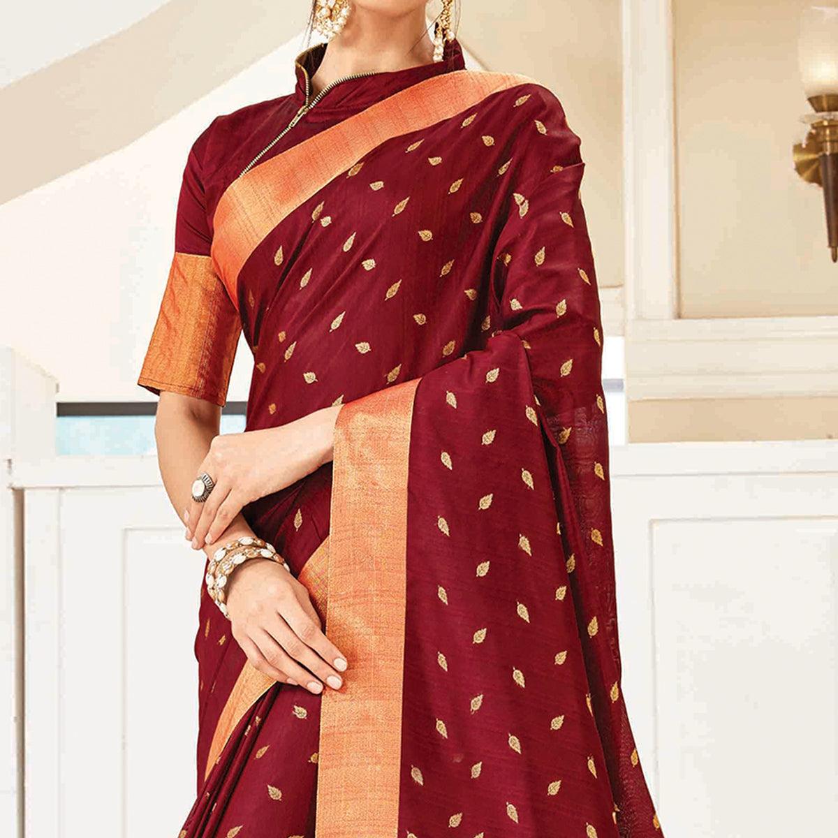 Charming Wine Colored Festive Wear Woven Handloom Silk Saree With Tassels