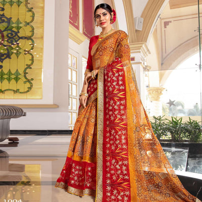 Charming Yellow - Red Colored Partywear Embroidered Silk Saree