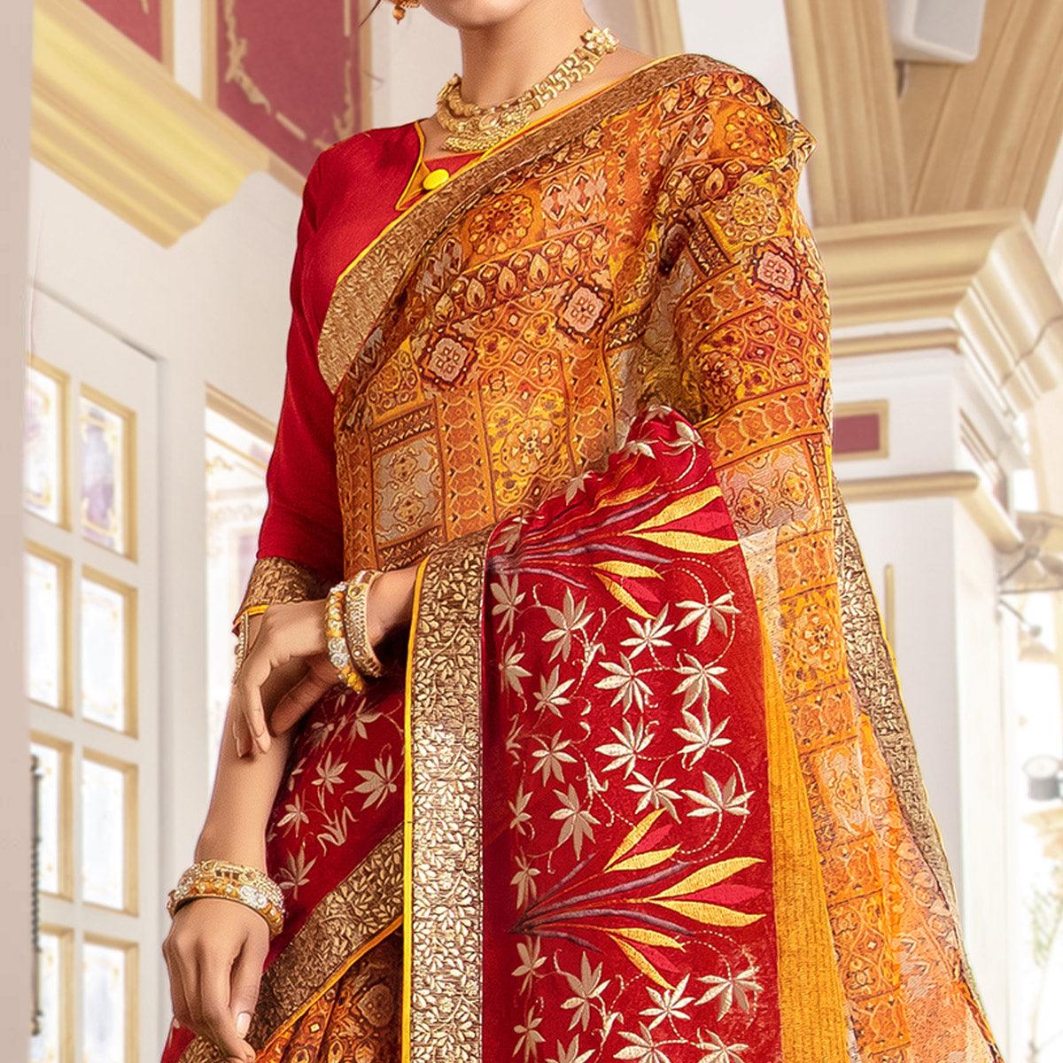 Charming Yellow - Red Colored Partywear Embroidered Silk Saree