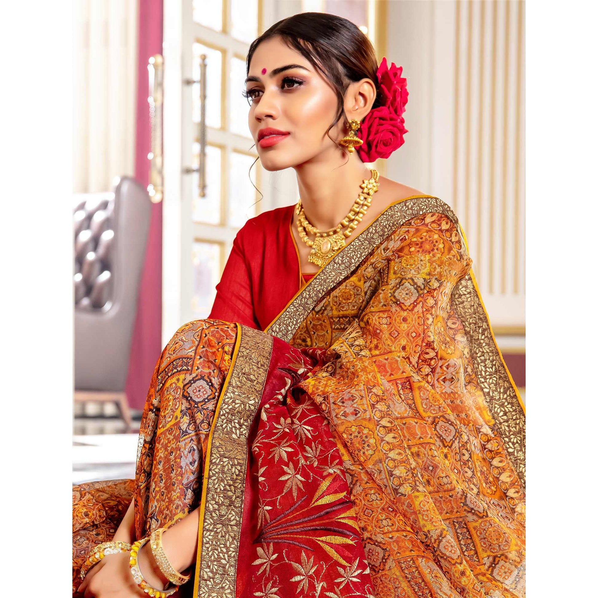 Charming Yellow - Red Colored Partywear Embroidered Silk Saree