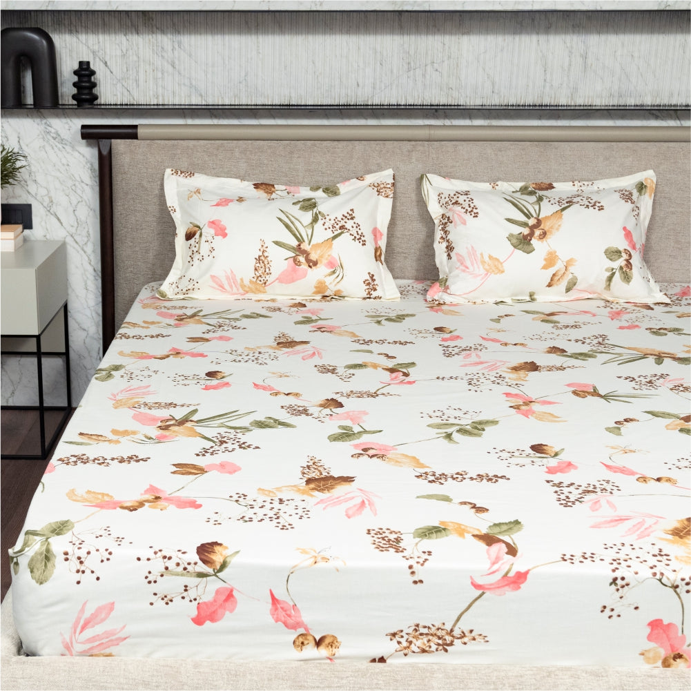 Regal Collection - Breathable 200 TC 100% Pure Cotton Single Bedsheet with Pillow Cover, Cherry Blossom- Peach