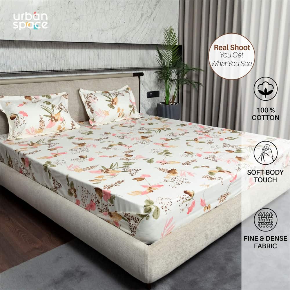 Fitted King Size Cotton Bedsheet - Cherry Blossom- Peach