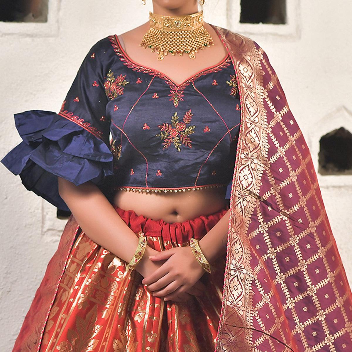 Cherry-Red Festive Wear Cutdana With Resham & Zardosi Work Banarasi Art Silk Lehenga Choli