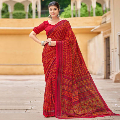 Cherry Red Printed Georgette Saree