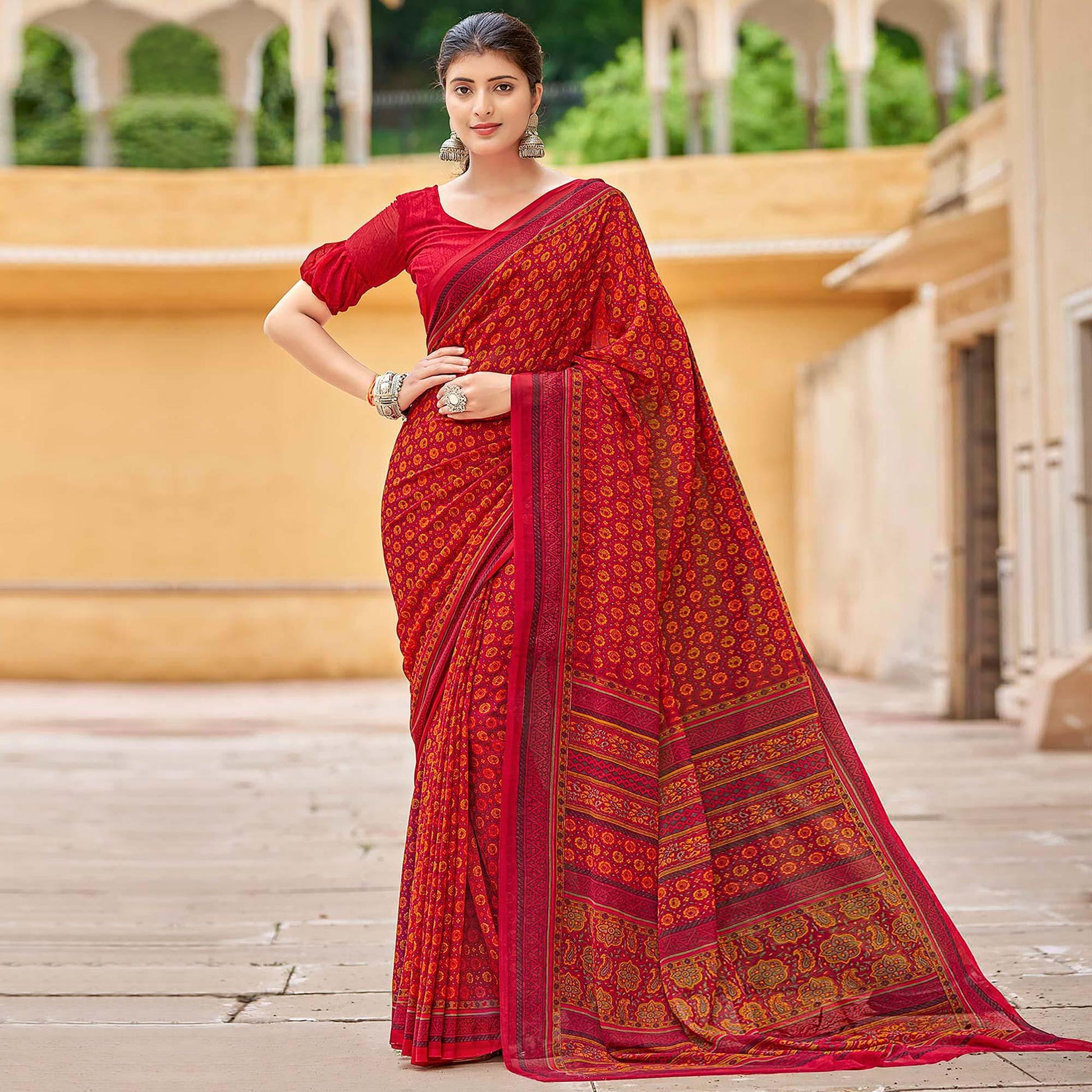 Cherry Red Printed Georgette Saree