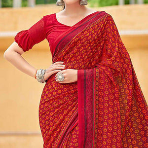 Cherry Red Printed Georgette Saree