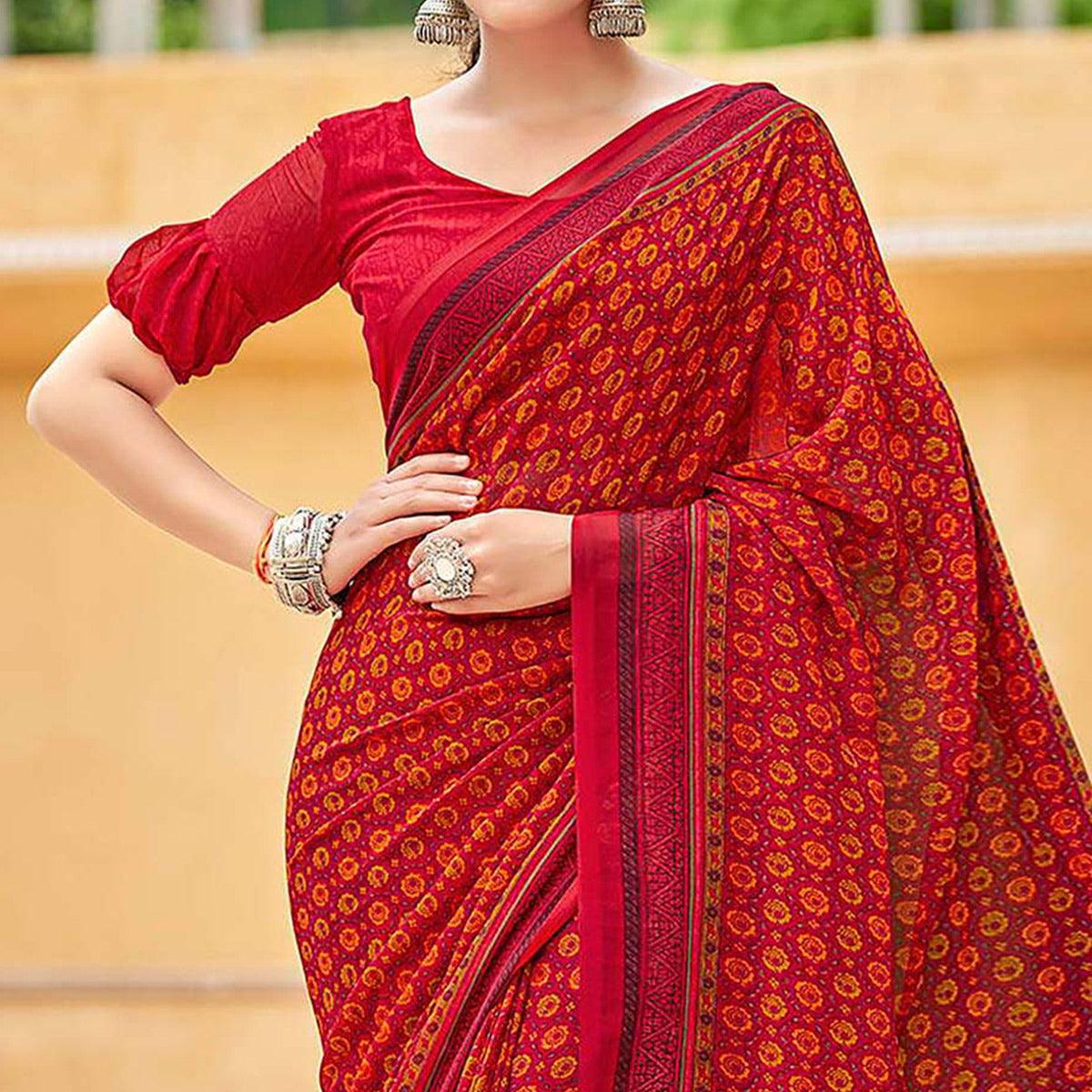 Cherry Red Printed Georgette Saree