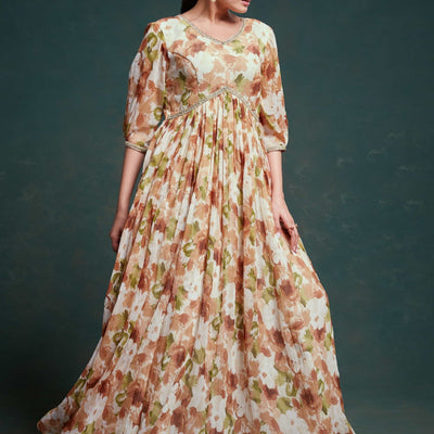 Chic Brown Georgette Dress with Elegant Prints – Ready to Wear