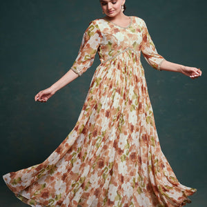 Chic Brown Georgette Dress with Elegant Prints – Ready to Wear