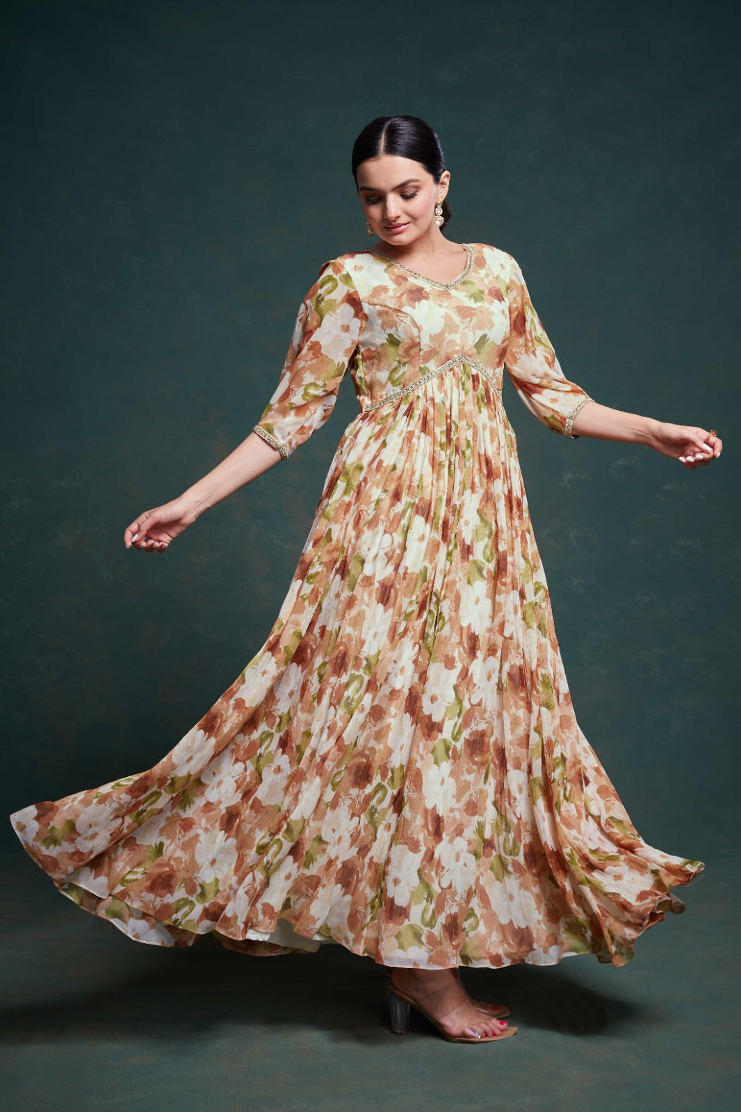 Chic Brown Georgette Dress with Elegant Prints – Ready to Wear