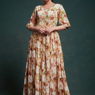 Chic Brown Georgette Dress with Elegant Prints – Ready to Wear