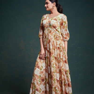 Chic Brown Georgette Dress with Elegant Prints – Ready to Wear