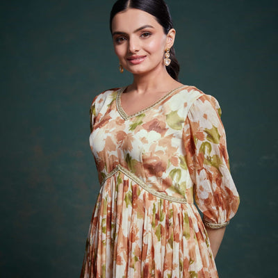 Chic Brown Georgette Dress with Elegant Prints – Ready to Wear
