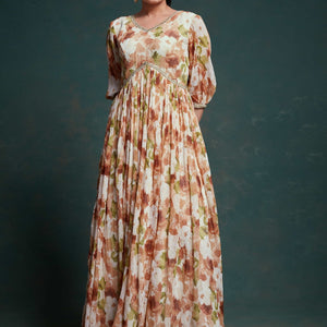 Chic Brown Georgette Dress with Elegant Prints – Ready to Wear