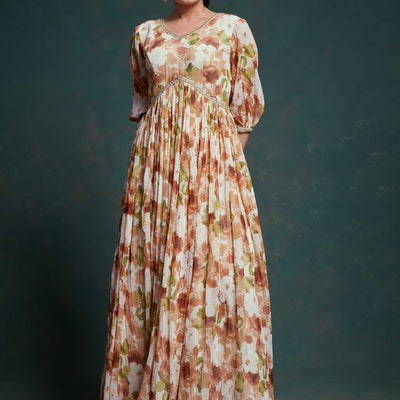 Chic Brown Georgette Dress with Elegant Prints – Ready to Wear