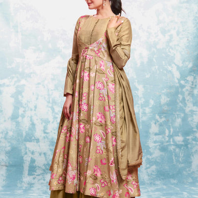 Chic Olive Muslin Dress with Printed Work and Georgette Dupatta – Ready to Wear
