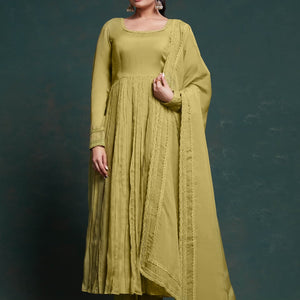 Chic Olive Organza Dress with Elegant Prints – Ready to Wear!