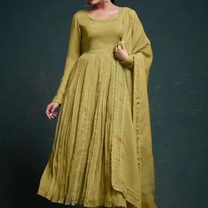 Chic Olive Organza Dress with Elegant Prints – Ready to Wear!