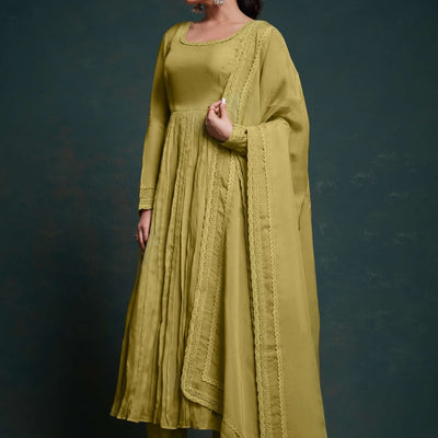 Chic Olive Organza Dress with Elegant Prints – Ready to Wear!
