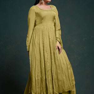 Chic Olive Organza Dress with Elegant Prints – Ready to Wear!