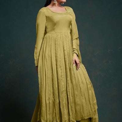 Chic Olive Organza Dress with Elegant Prints – Ready to Wear!