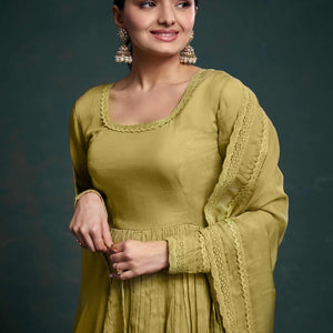 Chic Olive Organza Dress with Elegant Prints – Ready to Wear!