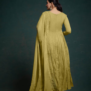 Chic Olive Organza Dress with Elegant Prints – Ready to Wear!