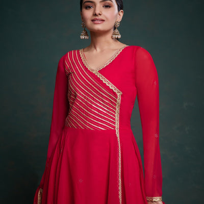 Chic Red Georgette Dress with Elegant Prints – Ready to Wear