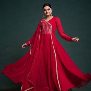 Chic Red Georgette Dress with Elegant Prints – Ready to Wear