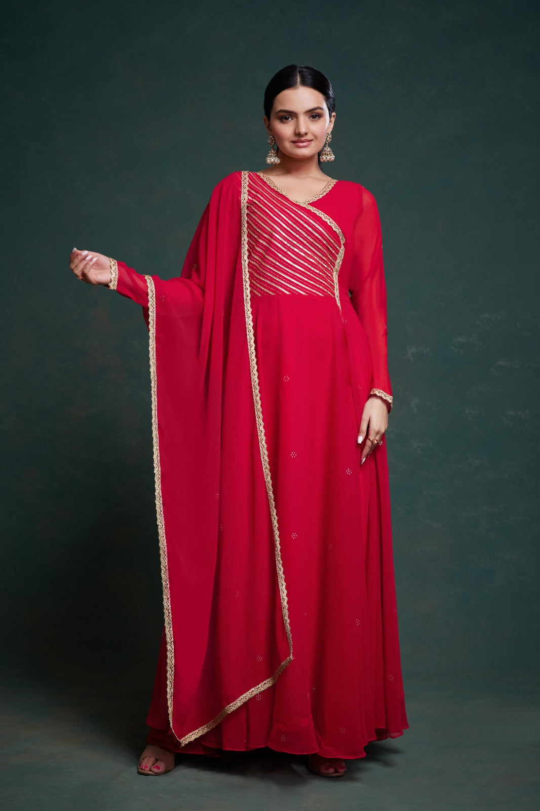 Chic Red Georgette Dress with Elegant Prints – Ready to Wear